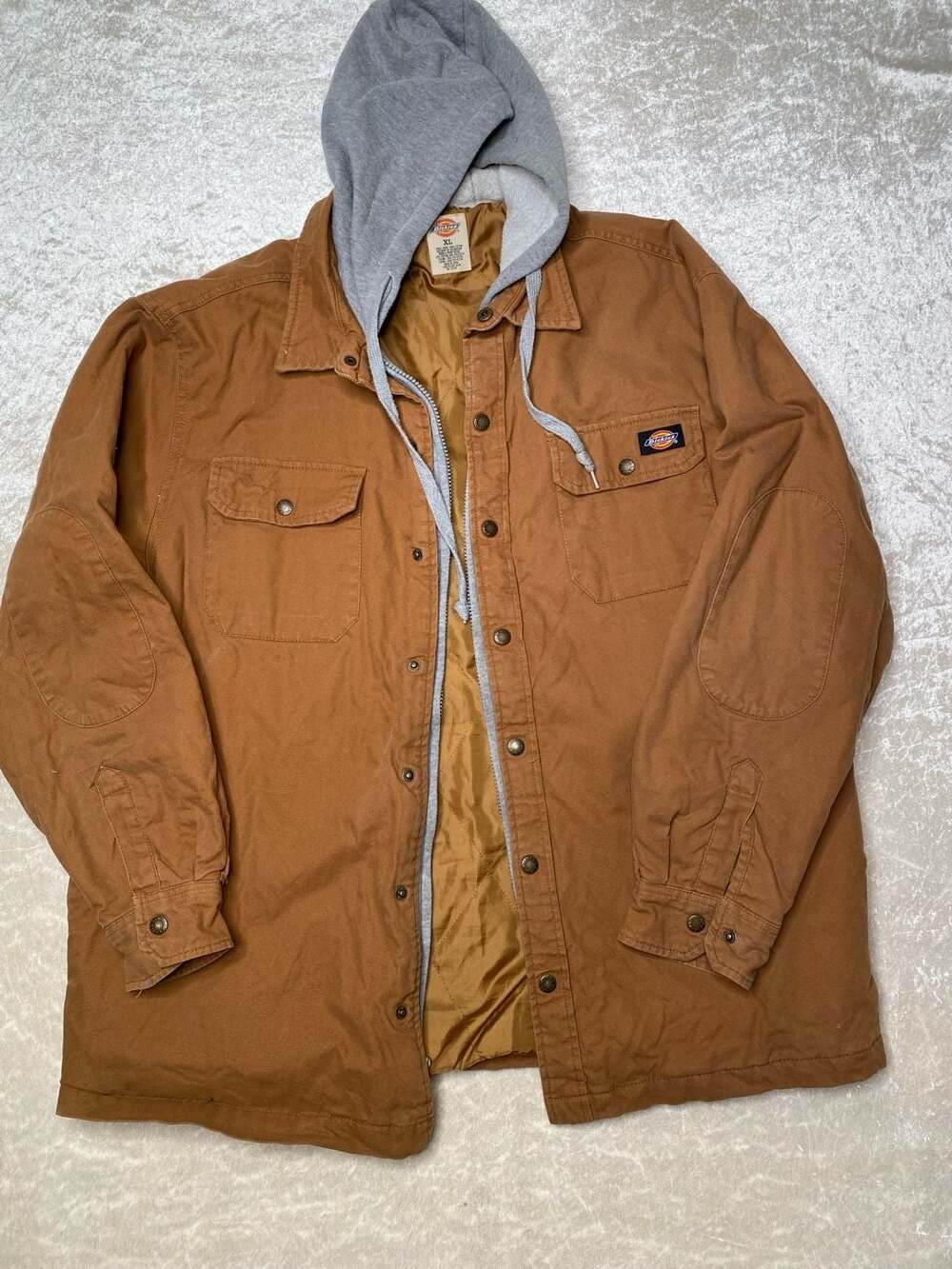 Dickies Quilted Hooded Shirt Jacket Size XL Brown Canvas Workwear